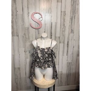 Express Snakeskin Print Cold Shoulder Crop Top Small Spaghetti Strap Ruffle Blou
